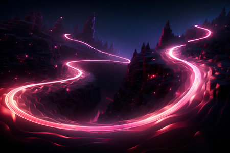 Futuristic landscape with neon lights and mountains. 3d renderingの素材