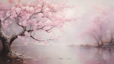 Cherry blossoms in a misty landscape with lake and birdsの素材