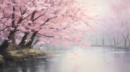 Cherry blossoms on the banks of the river. Digital painting.の素材