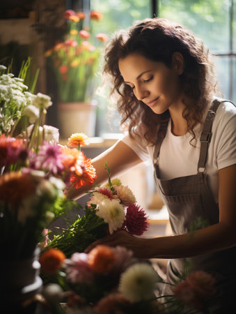 Beautiful young woman florist in apron working with flowers in flower shopの素材