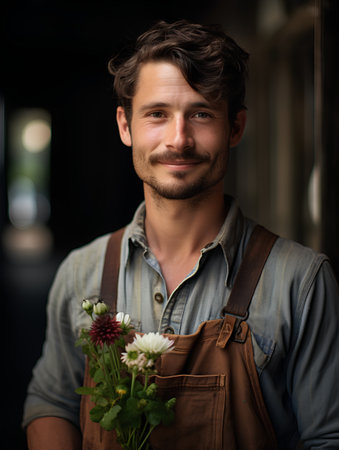 Portrait of a handsome young florist holding a bunch of flowersの素材