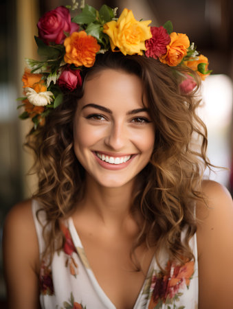 Beautiful young woman with a wreath of flowers on her headの素材
