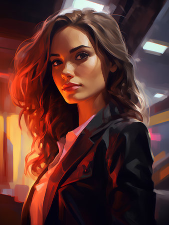Fashion girl in a black jacket with red lips. 3d renderingの素材
