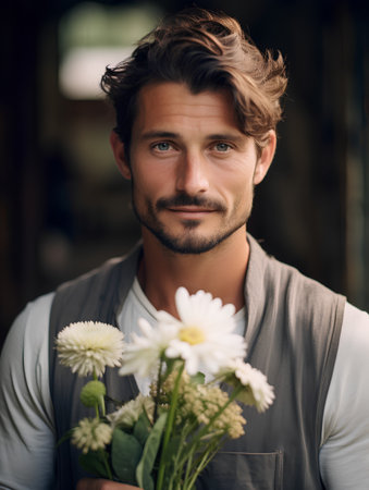 Portrait of handsome young man holding a bouquet of flowers.の素材