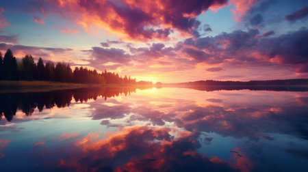Colorful sunset over the lake. Beautiful summer landscape. Nature composition.の素材