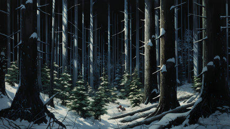 Winter forest with pine trees and snow. 3d render illustration.の素材