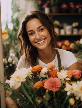 Beautiful young woman florist is making bouquet of flowers in her flower shop.の素材