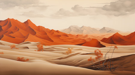 Desert landscape with sand dunes, trees and mountains. Vector illustrationの素材