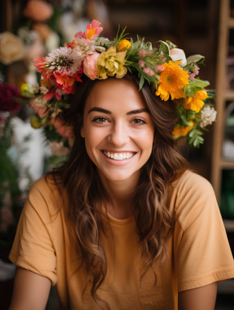 Portrait of a beautiful young woman wearing a wreath of flowersの素材