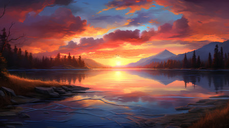 Fantastic sunset over the mountain lake. 3d illustration.の素材