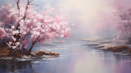 Beautiful spring landscape with blooming sakura tree. Digital paintingの素材