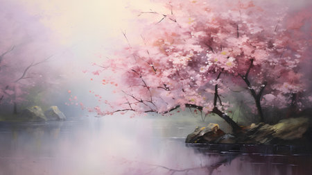 Beautiful spring landscape with blooming sakura tree. Digital paintingの素材