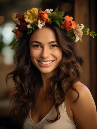 Portrait of a beautiful young woman with wreath of flowers.の素材