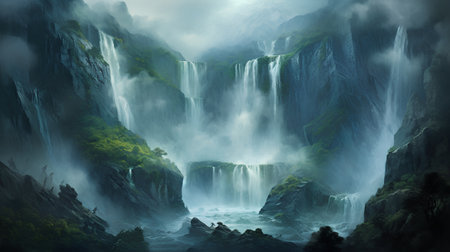 Beautiful waterfall in the mountains. Fantastic landscape with waterfalls.の素材