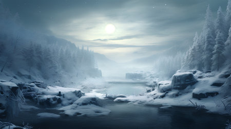 Fantastic winter landscape with frozen river and snow covered trees.の素材