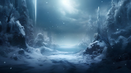 Fantasy winter landscape with frozen forest and snowfall. 3d renderingの素材