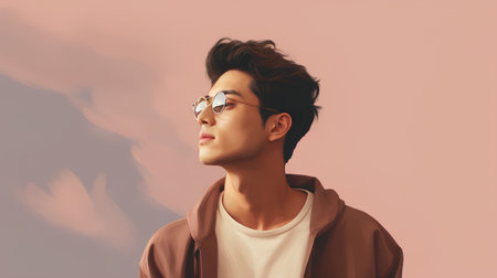 Portrait of a handsome young man in glasses and a brown hoodie on a pink background.の素材