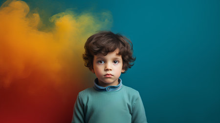 Portrait of cute little boy with curly hair and colorful smoke on blue backgroundの素材