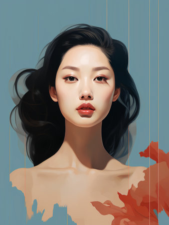 Portrait of a beautiful asian woman with long black hair.の素材