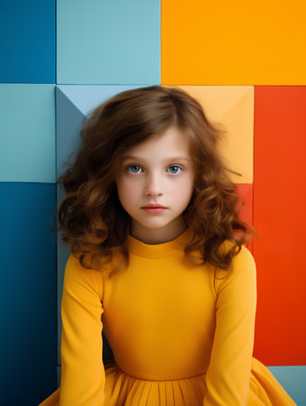Portrait of a little girl in a yellow dress on a colored background.の素材
