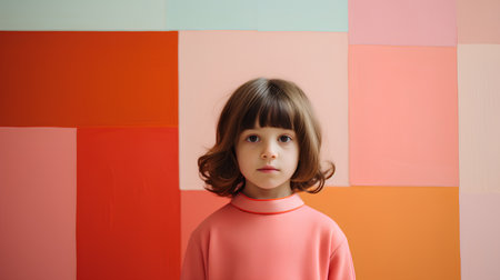 Little girl in a pink sweater on a background of colored wall.の素材