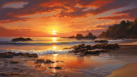 Beautiful sunset over the sea. 3D rendering. Computer digital drawing.の素材