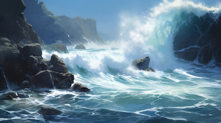 beautiful seascape with waves crashing on the rocks, 3d illustrationの素材
