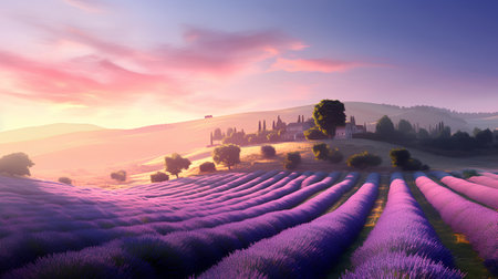 Beautiful landscape with lavender field at sunset. 3d renderの素材
