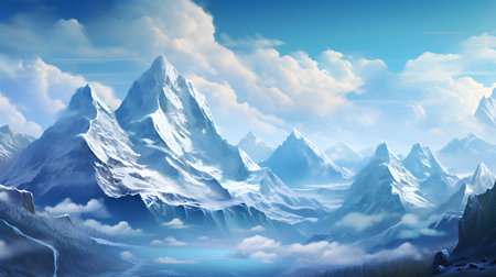 Fantasy landscape with snowy mountains in the clouds. 3d illustrationの素材