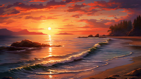 Beautiful seascape. Sunset over the sea. Illustrationの素材