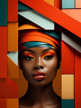 Fashion portrait of beautiful african american woman with bright make-up and multicolored eye shadowsの素材