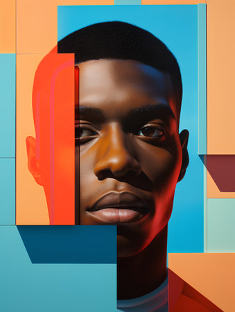 Fashion portrait of young african american man on multicolored backgroundの素材