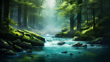 Fantasy landscape with river and green forest. Digital art painting.の素材