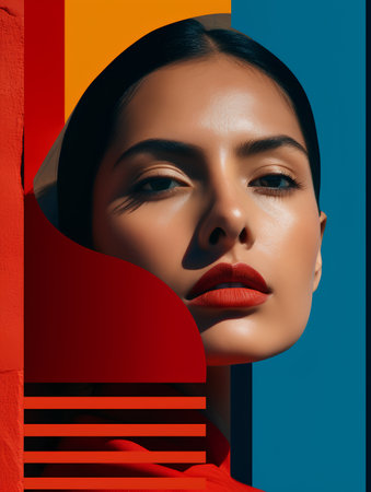 Portrait of beautiful young woman with red lips and red lips on colorful background.の素材