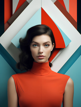 Fashion portrait of beautiful young woman in red dress on colorful geometric backgroundの素材