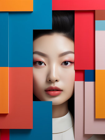 Fashion portrait of young beautiful asian woman with colorful background.の素材