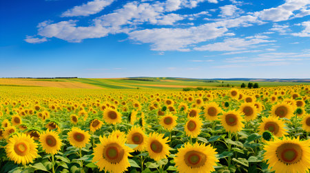 field of sunflowers on a background of blue sky with cloudsの素材