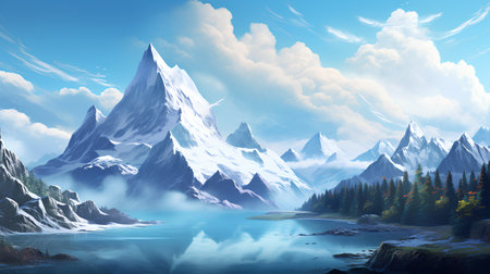 Fantasy landscape with mountains and lake. 3d render illustration.の素材