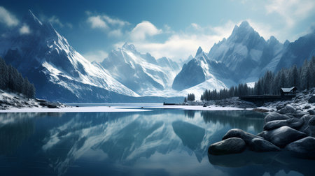 Fantastic winter landscape. Mountain lake with snow-capped peaks.の素材