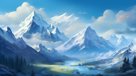 Fantasy alpine landscape with lake and mountains. Vector illustration.の素材