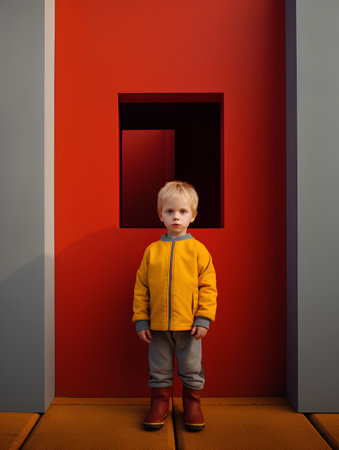 3d rendering of a little boy standing in front of a red wallの素材