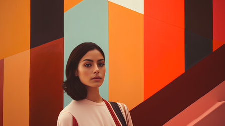 Portrait of a beautiful young brunette woman on a colorful background.の素材