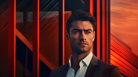 Portrait of a handsome young man in a suit on a red background. Business and success concept.の素材