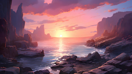 Beautiful sunset over the sea. Fantasy landscape. 3d renderingの素材