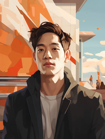 Portrait of a handsome asian man in urban background. Vector illustration.の素材