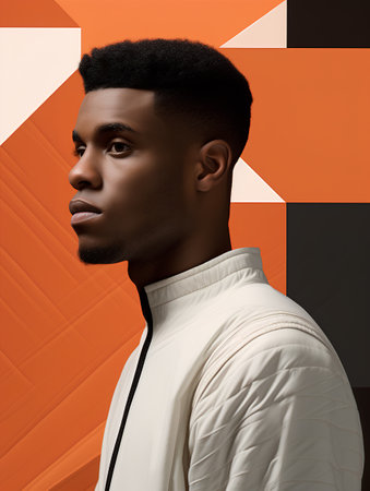 Young african american man in white jacket on orange background.の素材