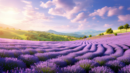 Lavender field in the mountains at sunset. Beautiful summer landscape.の素材