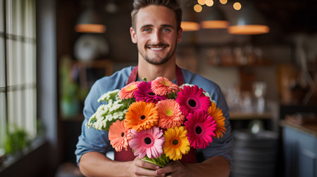 Portrait of a smiling male florist holding flowers in a flower shopの素材