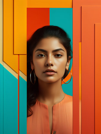 Portrait of a beautiful young indian woman on multicolored background.の素材