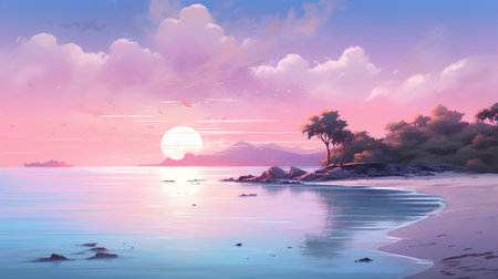 Beautiful seascape. Sunset over the sea. Illustration.の素材